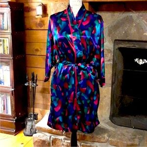 Vintage Silk like Cacique Lingerie Jewel toned Abstract Robe with tie Size Small